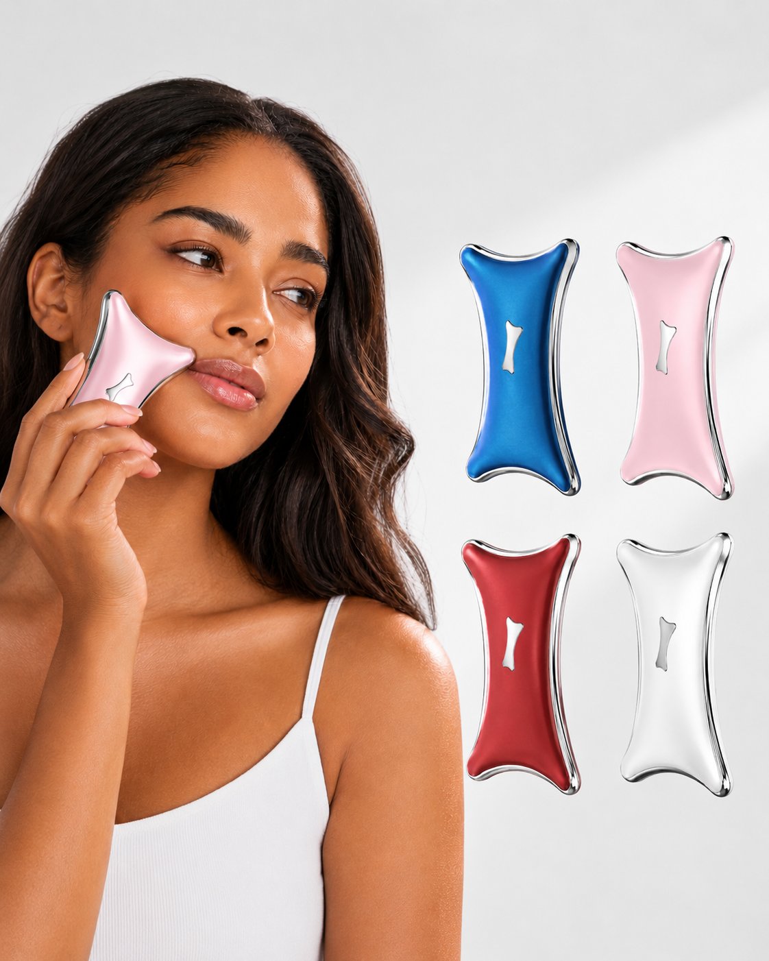 Gua Sha électrique Astrelya disponible en bleu, rose, rouge et blanc