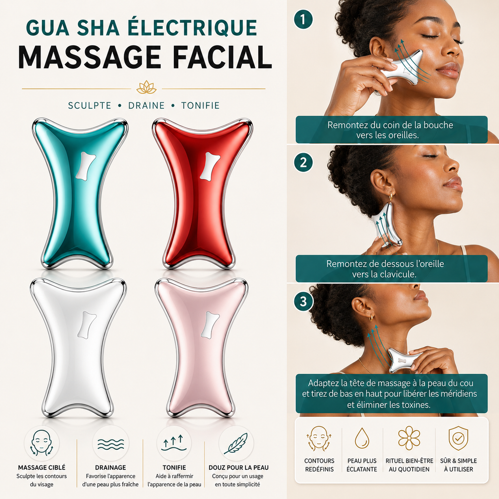 Guide d'utilisation du Gua Sha électrique Astrelya avec modèle antillaise